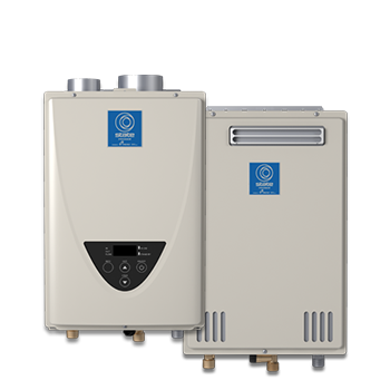 A Gas non-condensing tankless water heater.